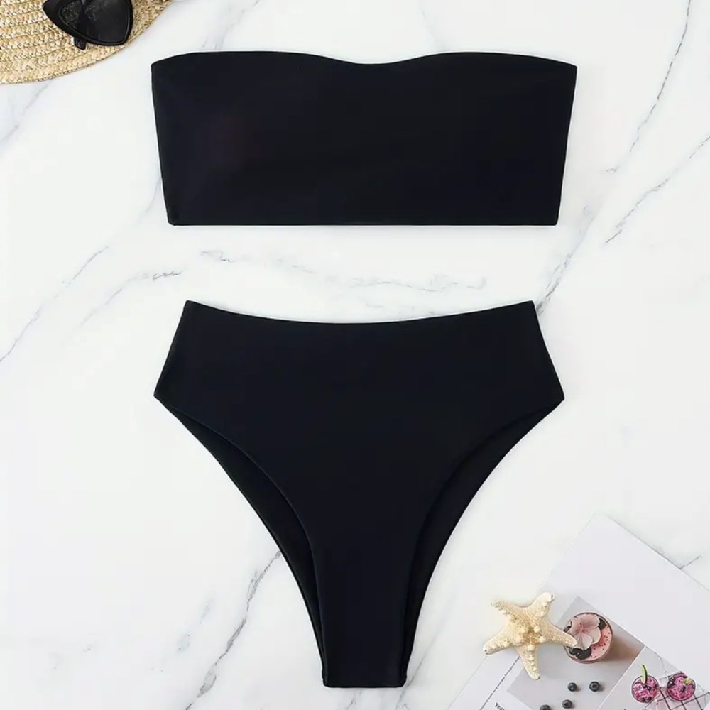 Temu Bandeau Lace-Up High-Waist Swim Bikini in Black, Size Women’s Medium